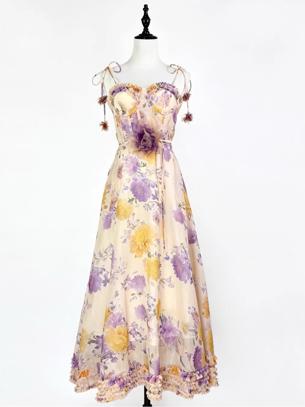 Floral Tie-Shoulder Maxi Dress in Lavender & Yellow